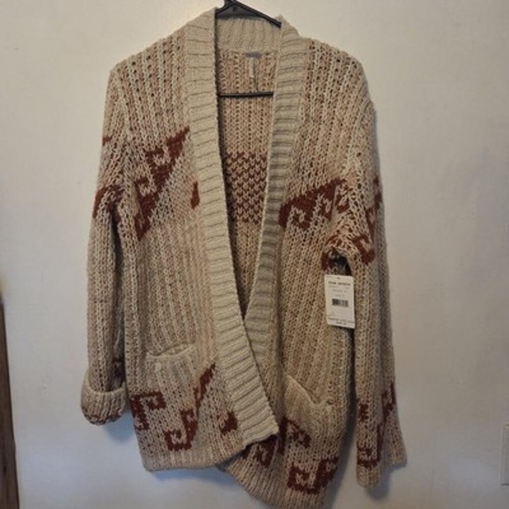 Free People Cable Knit Cardigan Cotton Blend Open Front Brown Womens Small